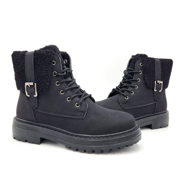 Olivia Miller Shoes - Olivia Miller Women Black Nicolette Faux Sherpa Lace-up Combat Boots Size 8.5